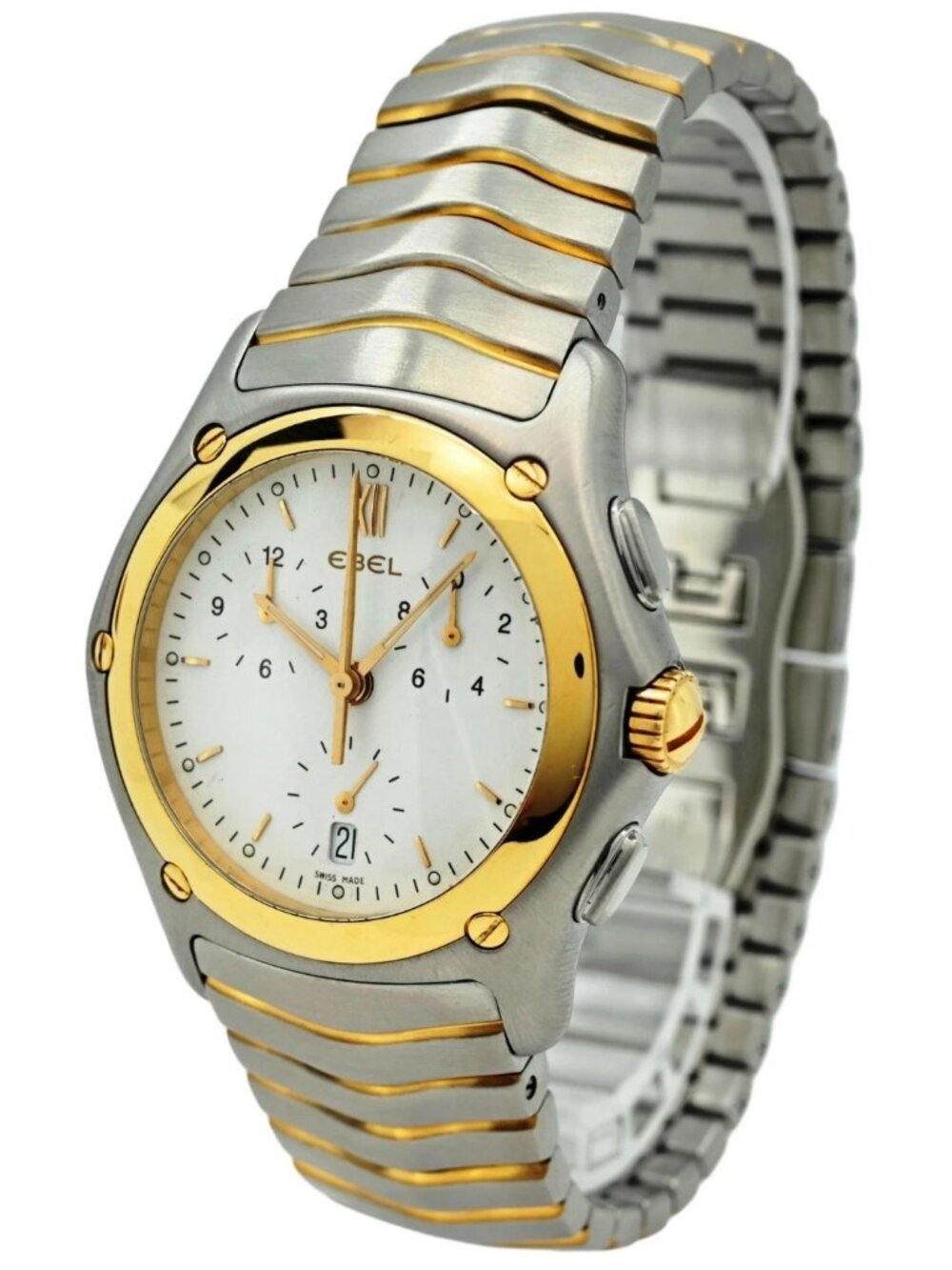 Ebel 40mm Men's Classic Wave Two Tone 18k Gold Chronograph E1251F41 Watch w/ B+P